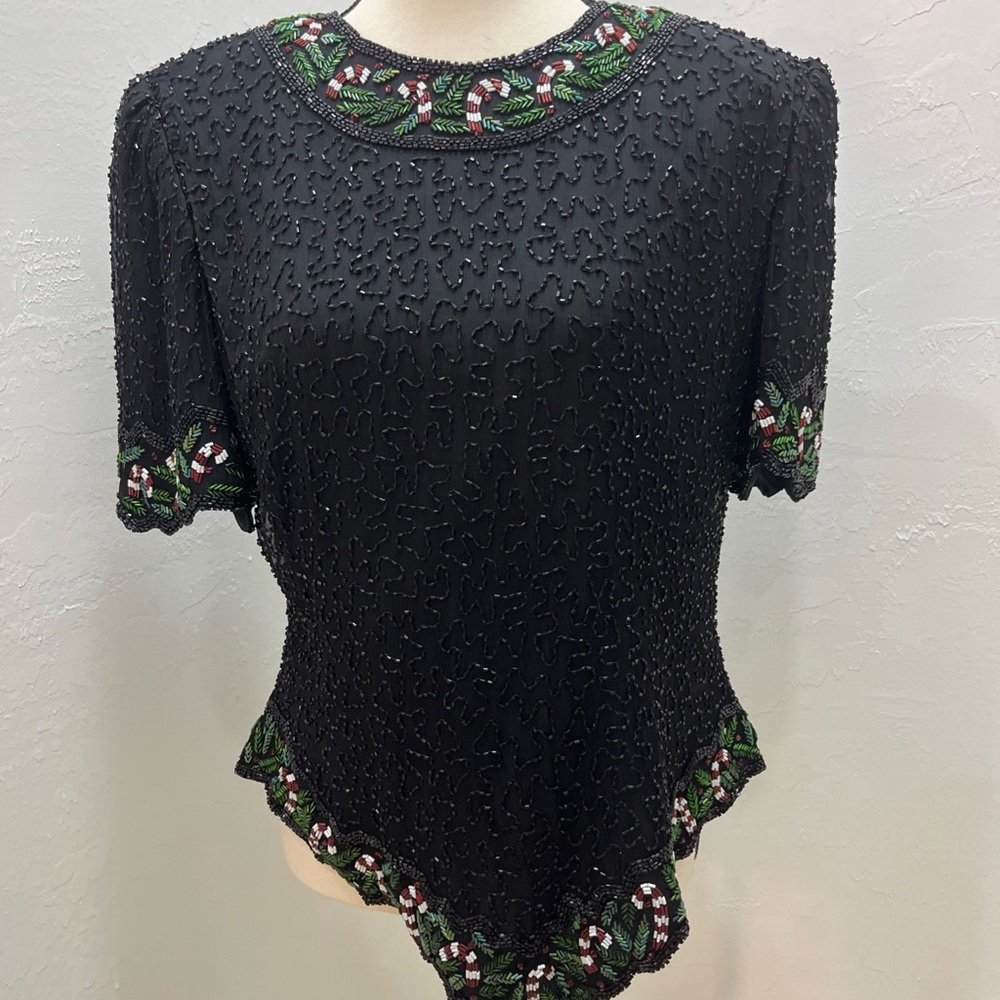Laurence Kazar Candy Cane  Blouse TOP Womens M Black Holiday Silk VTG